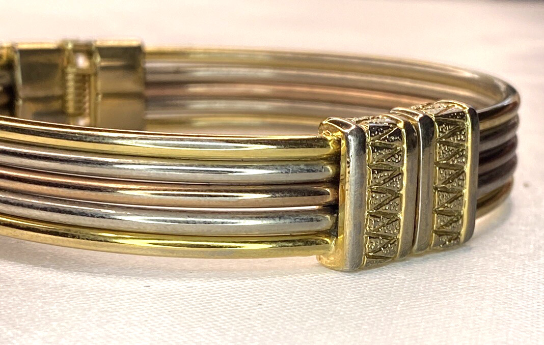 Stylish Tri-Color (Gold, Silver, & Rose gold) Hinged Bangle Bracelet