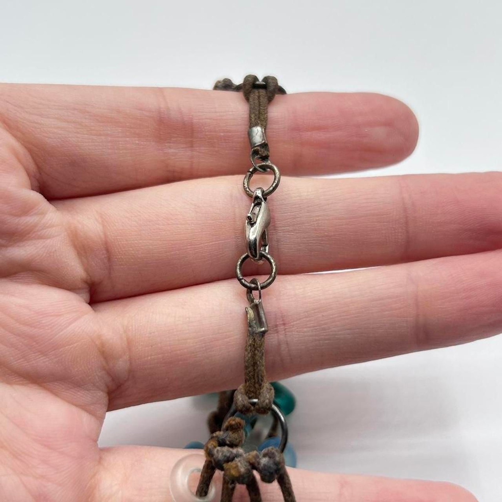 Boho Brown Cord Acrylic Ring Bracelet Blue Clear Amber Beaded Layered