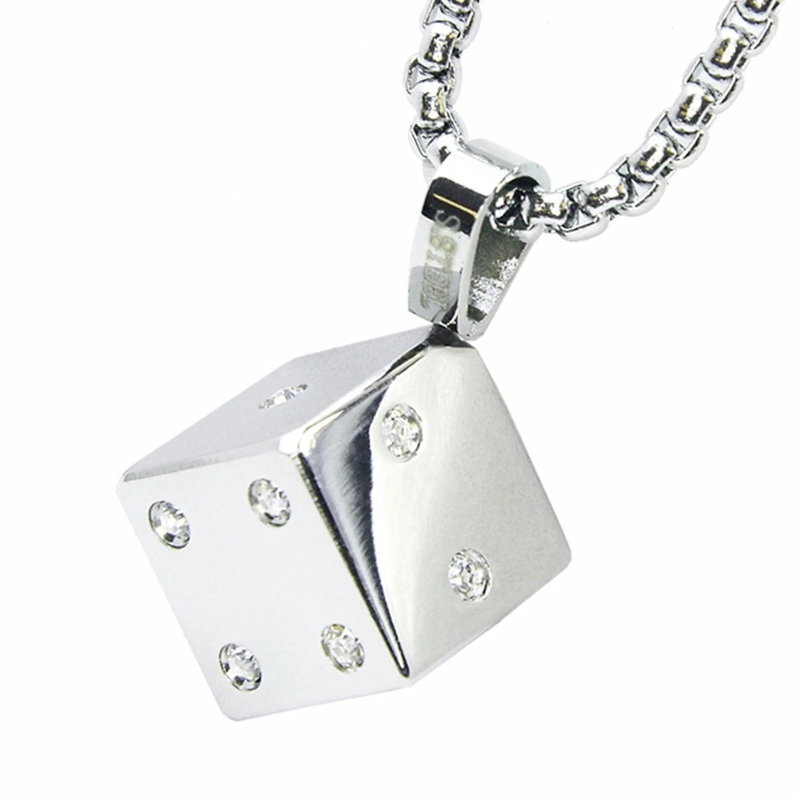 Men’s Stainless Steel Silver Iced 3D Dice Pendant 24″ Box Chain Necklace Hip Hop