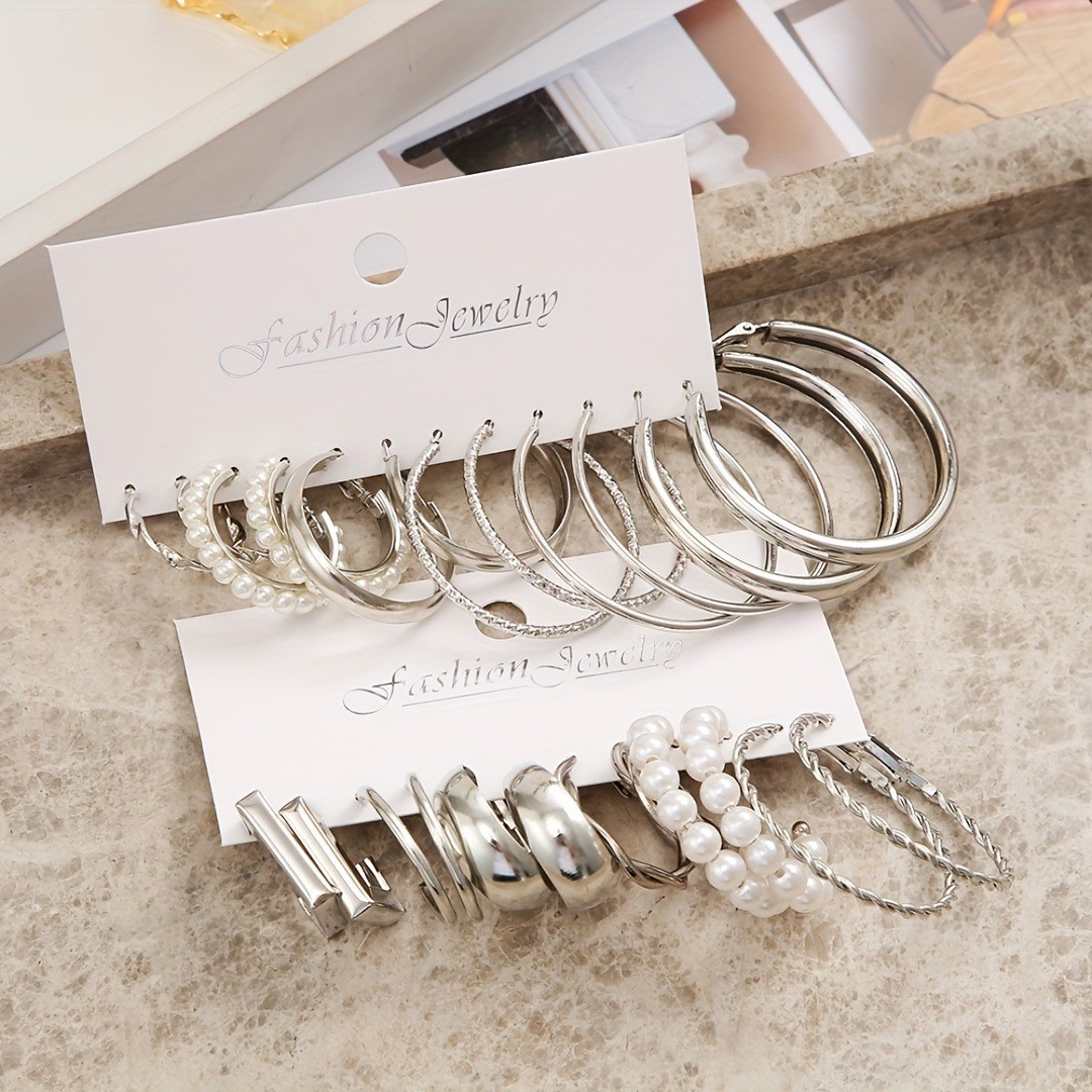 24pairs Golden Silvery Imitation Pearl Circle Hoop Earrings Zinc Alloy Jewelry