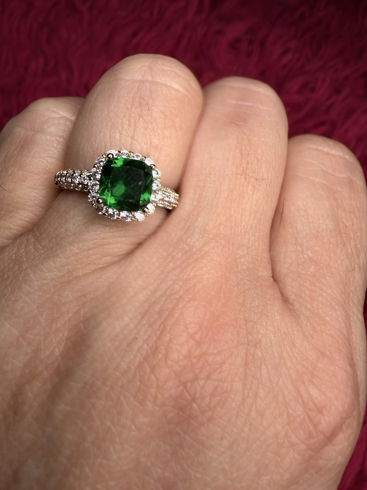 Gold Filled Emerald Green Halo Ring AAA CZ Cushion Cut Size 6