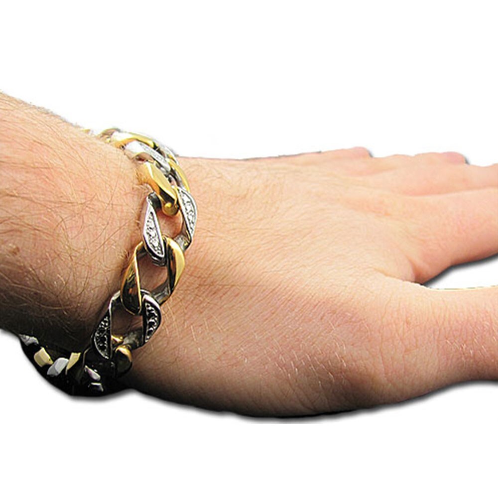 BlackJack! 2 Tone Gold Stainless Steel Pave Cuban Link Chain Bracelet 8.5″ In