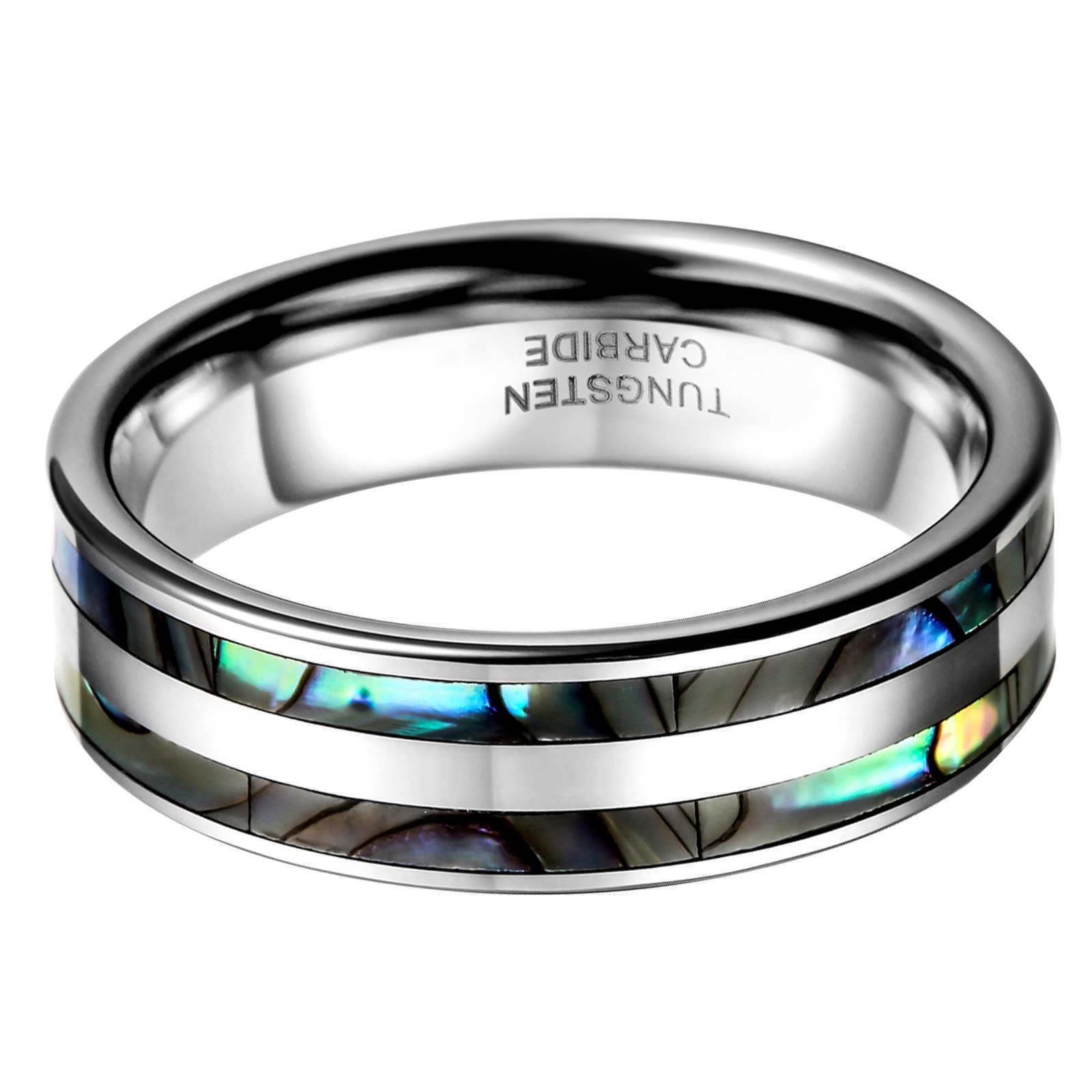 Comfort Fit Tungsten Carbide Ring Black Double Abalone Shell Inlay Wedding Band
