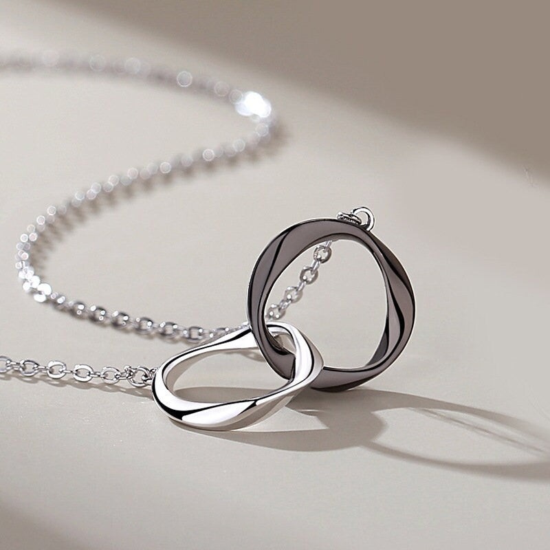 Interlocking Mobius Ring Couple Matching Necklace in 925 Sterling Silver