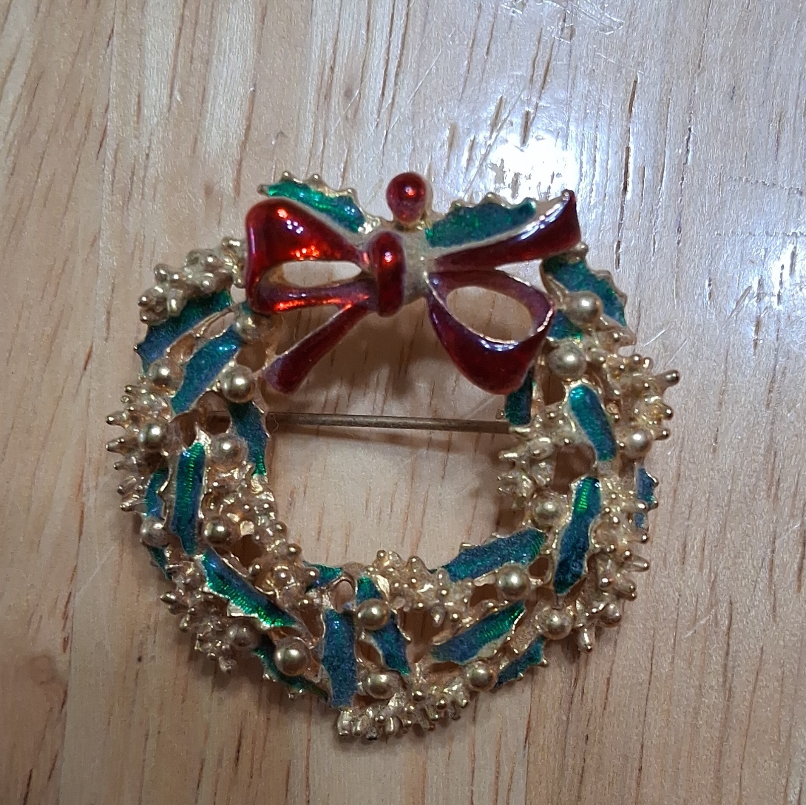 Lot of 5 Christmas Enamel Rhinestone Dangling Brooch Pins Tree Wreath Bells