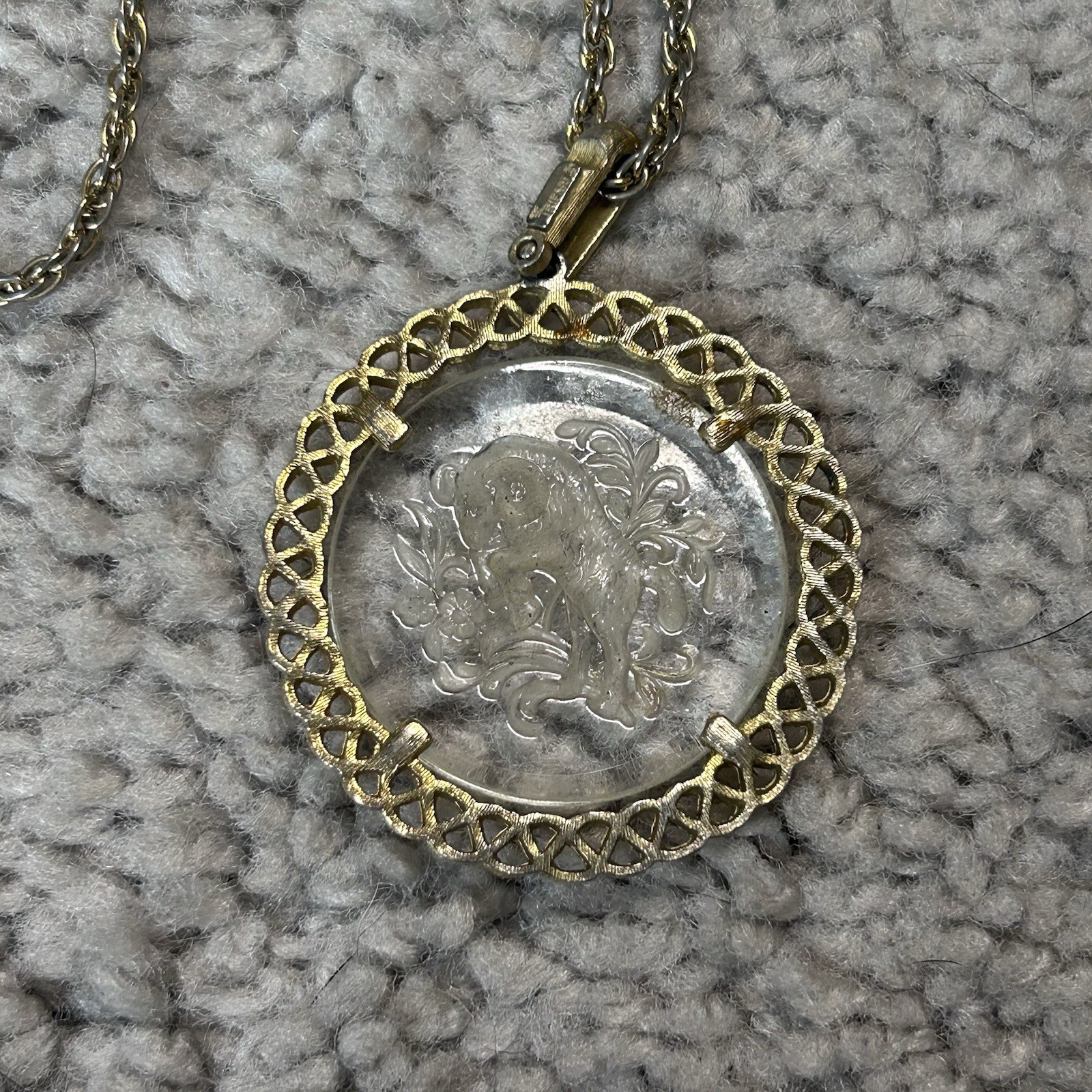 Vintage 1970s Crown Trifari Etched Glass Aries Pendant and Chain