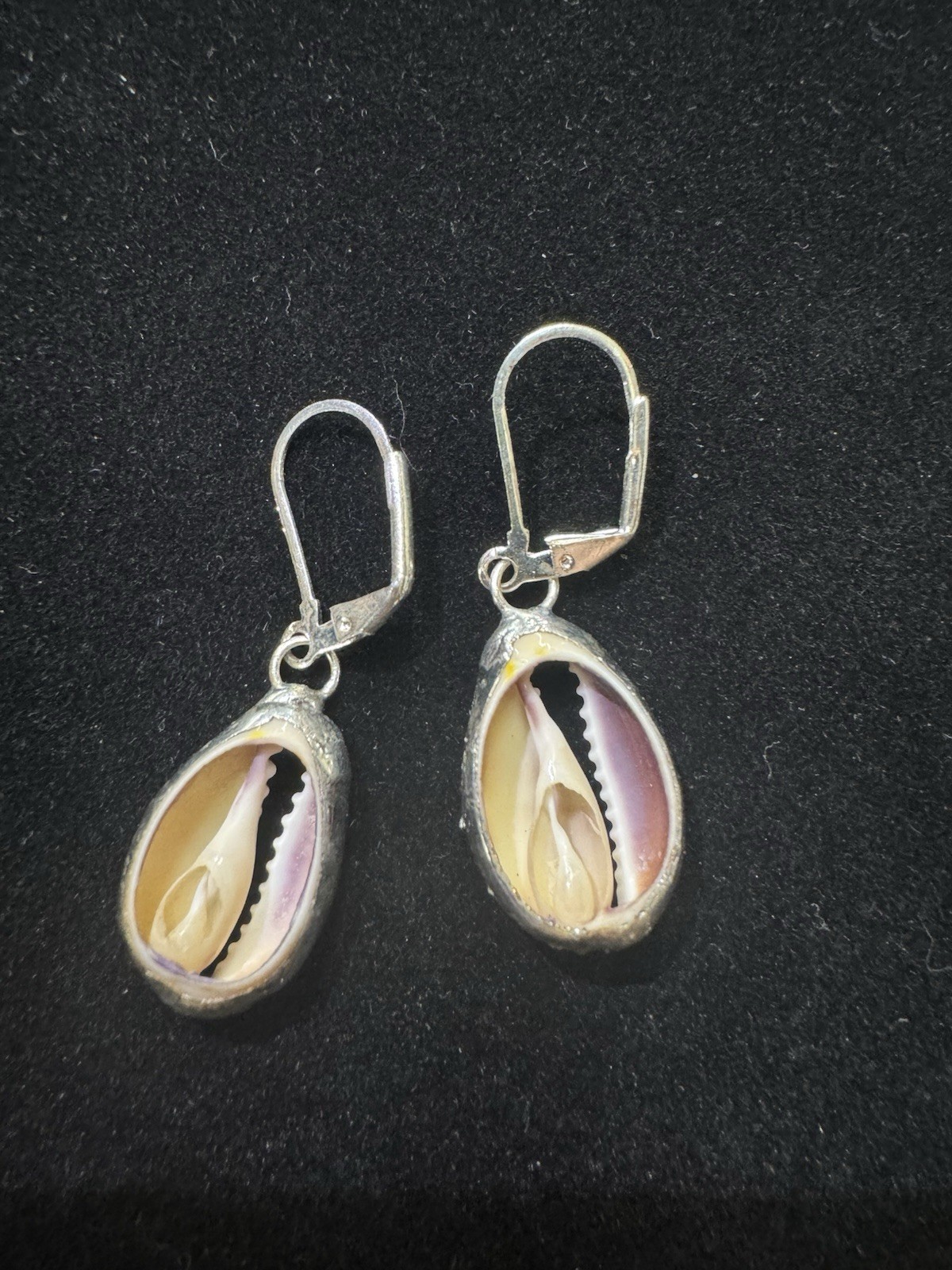 Handmade Silver Tone Cream Cowrie Shell Dangle Statement Earrings