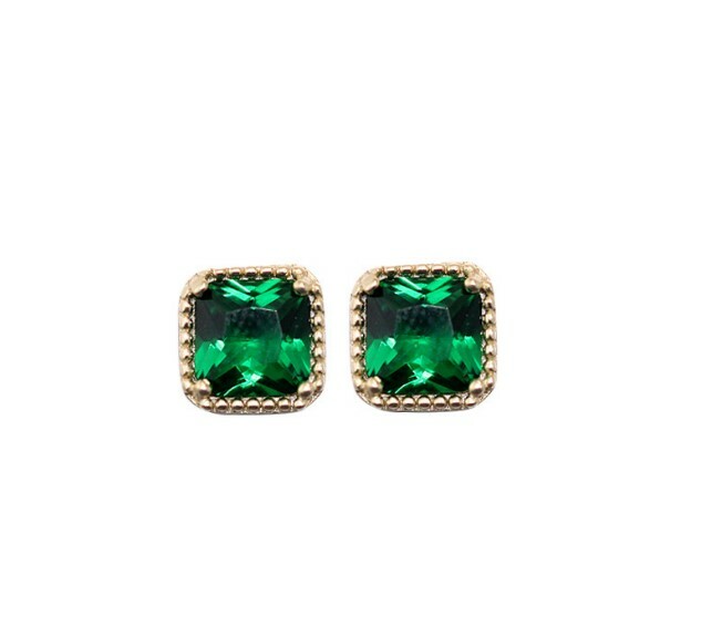 6mm 18K Gold in Sterling Silver Stud Earrings Square Green Cubic Zirconia F23