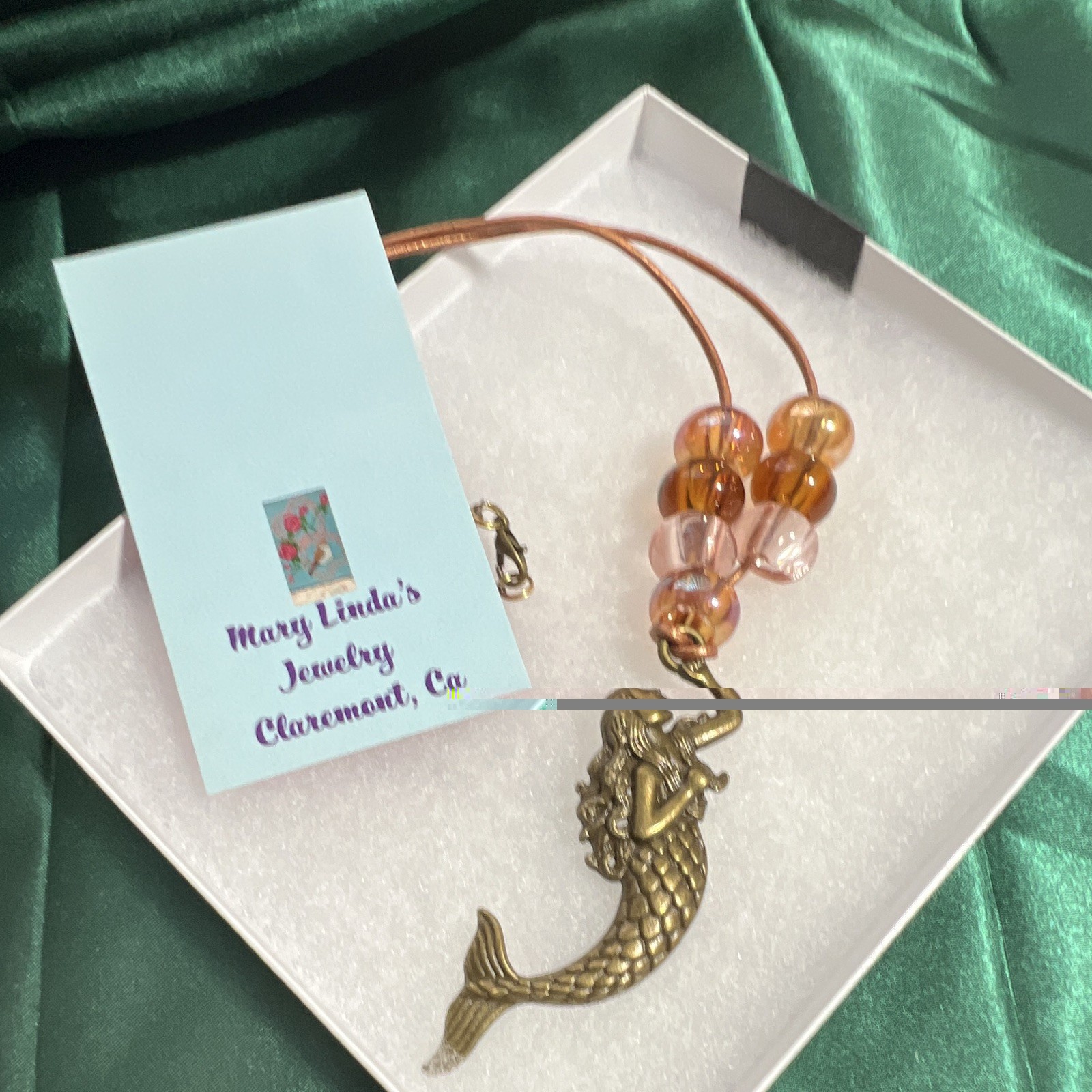Mermaid Charm Pendant Beaded Cord Necklace Gold Pink Metal Glass Lobster Clasp