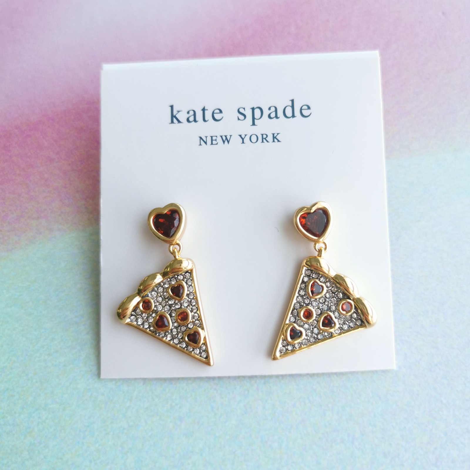New. Kate Spade Gold Multicolor Pizza My Heart Drop Earrings
