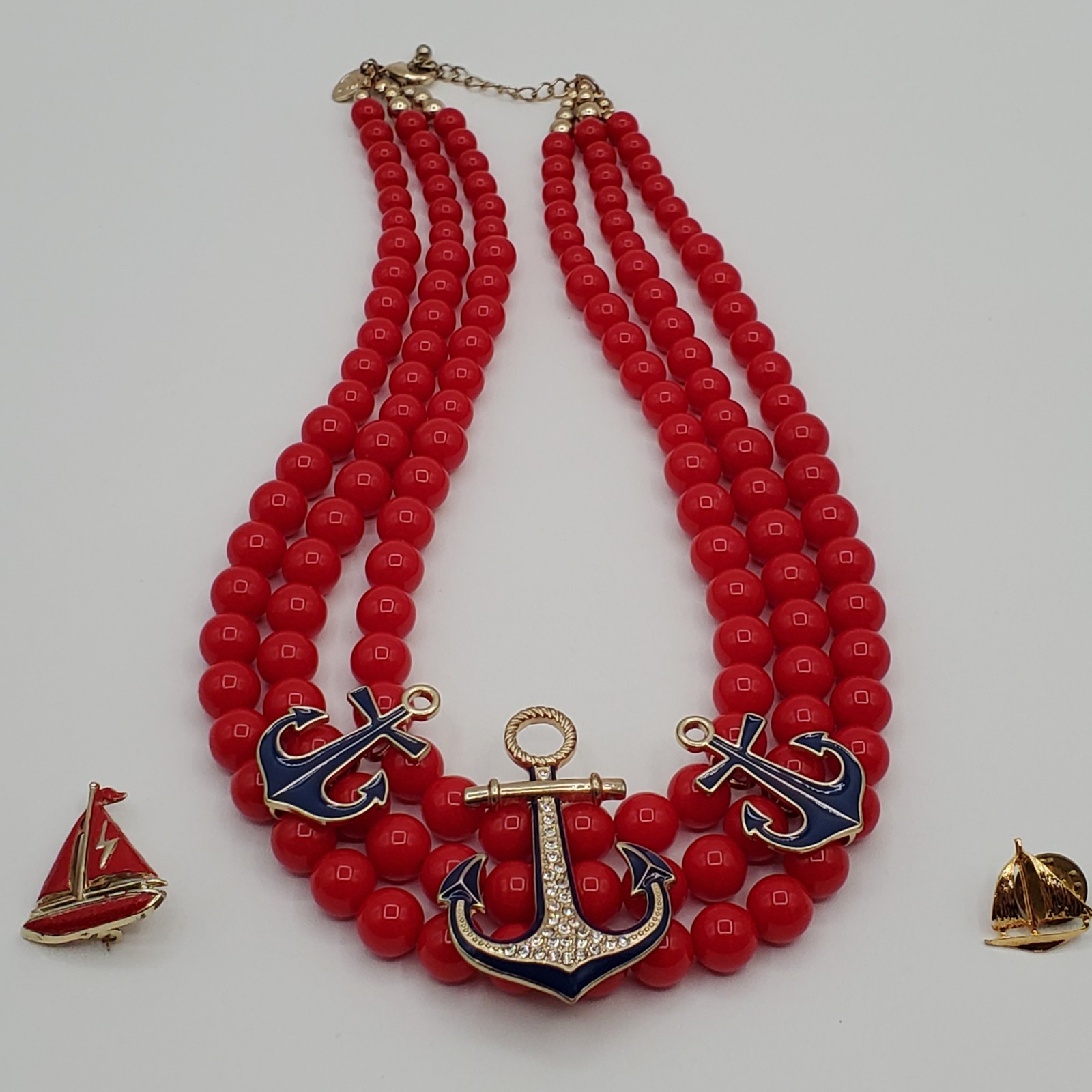CC Nautical Set Necklace 19in Red Bead Triple Strand Blue Anchor 2 Sailboat Pins