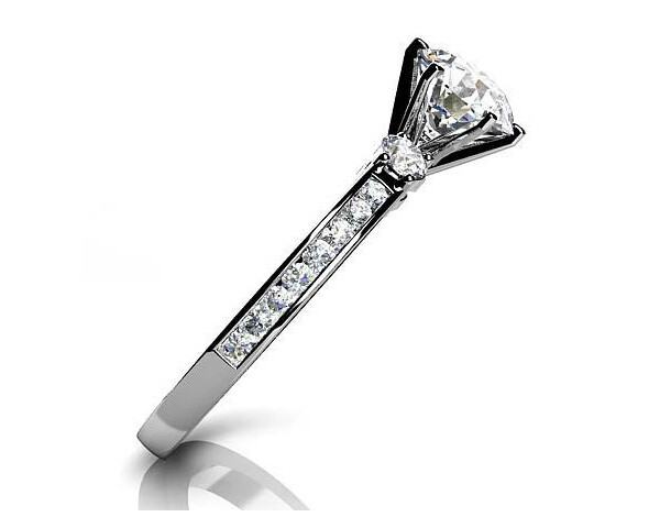 Simulated Diamond Three Stone Side Accent Engagement Ring 14K White Gold Plated