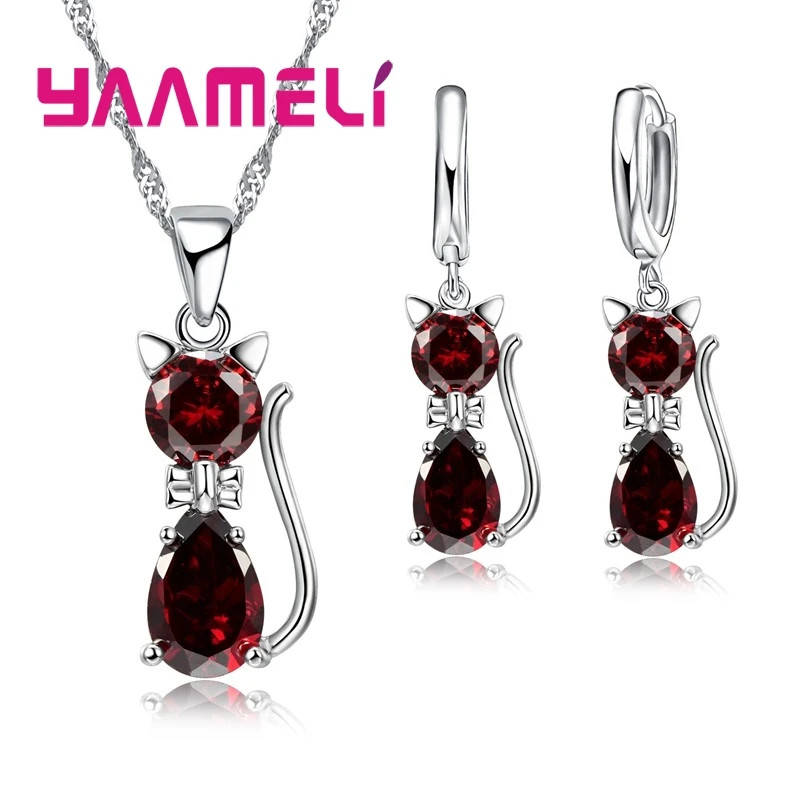 Silver Color Cat Pendant Necklace and Huggie Earrings Jewelry Set for Women Girl