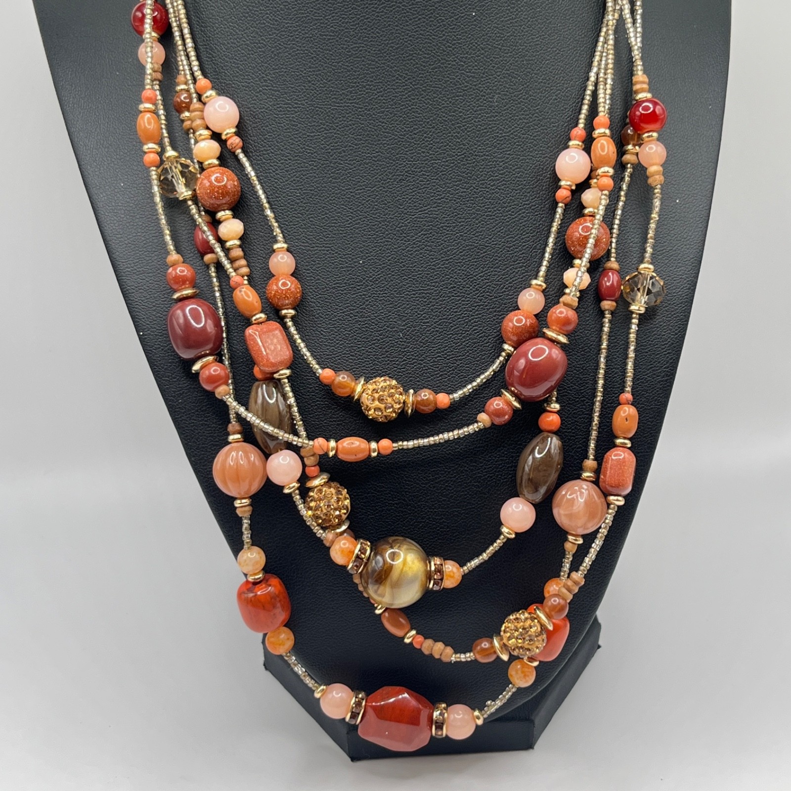 Chico’s Multi Strand Warm Orange Red Pink Mixed Materials Boho Necklace 20″