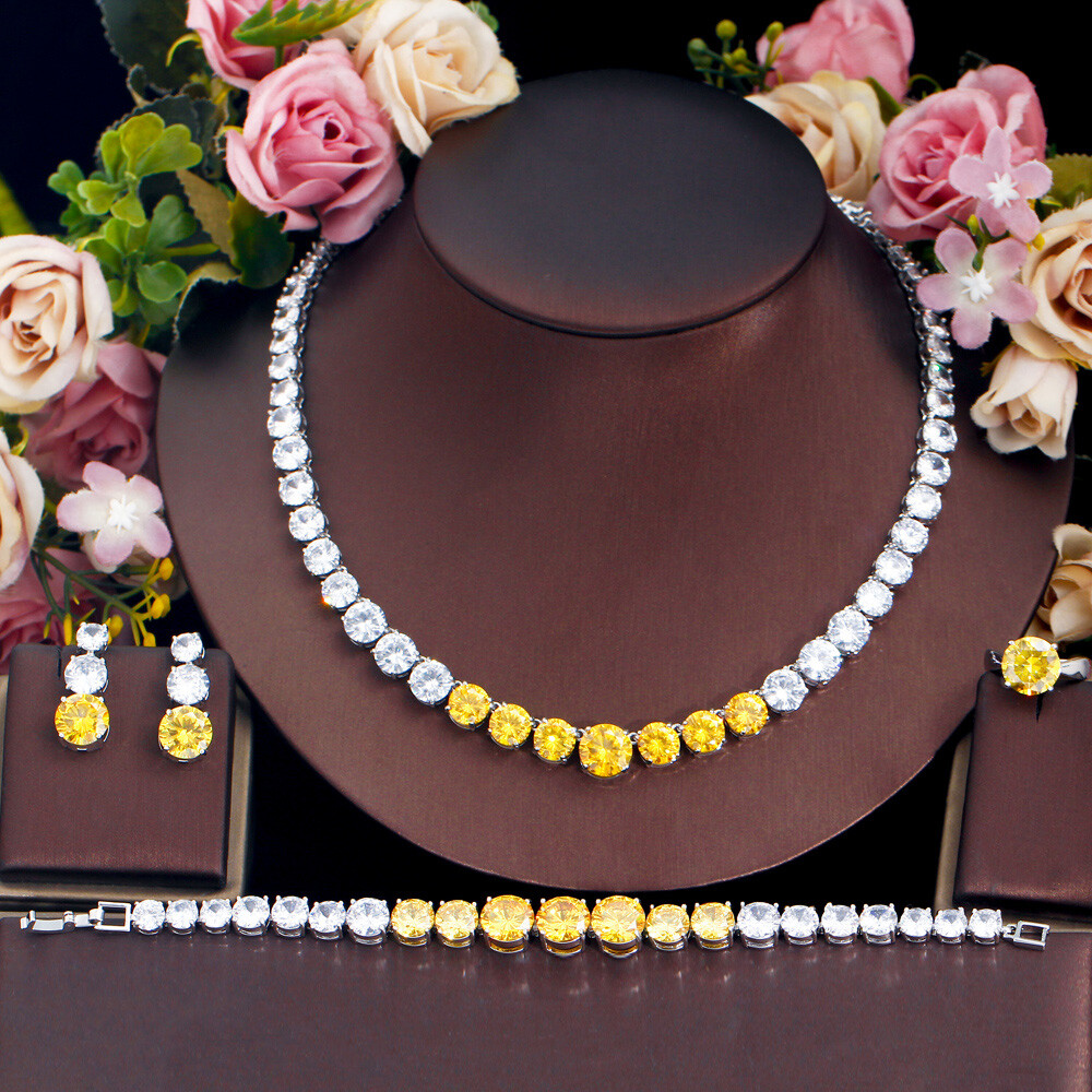 Silver Plated CZ Yellow Big Round Wedding Jewelry Necklace Earrings Bracelet Set
