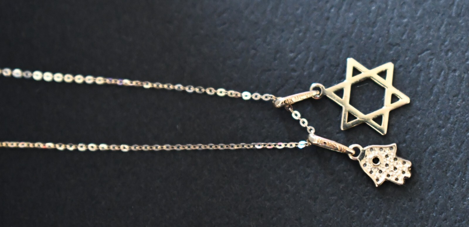 New 14K YELLOW GOLD STAR OF DAVID & HAMSA with CZ Stones Pendant Necklace