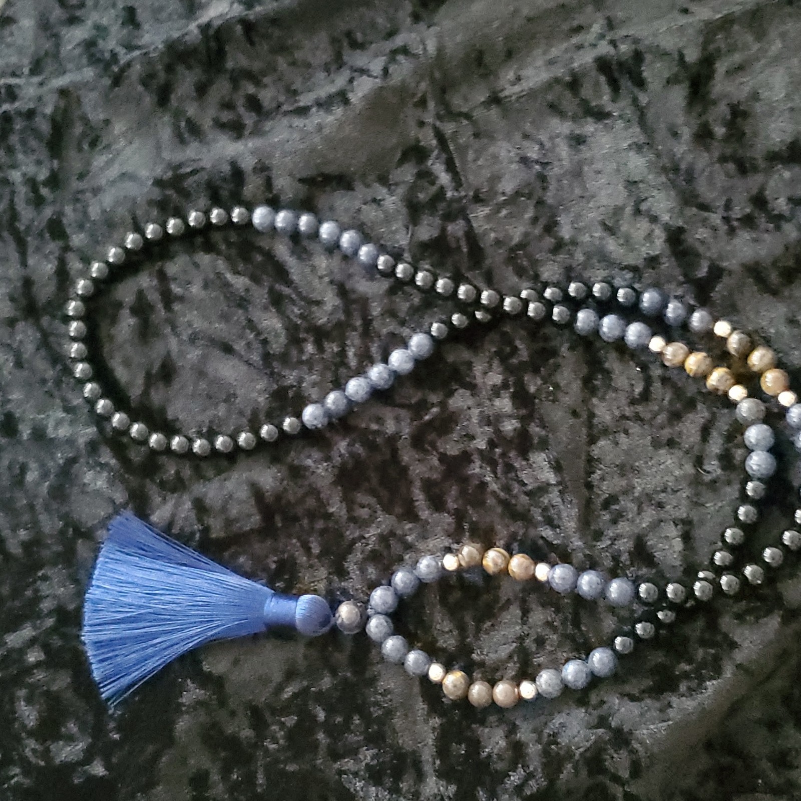 Bohemian Beaded Tassel Necklace Blue Gray Gold Round Beads No Clasp
