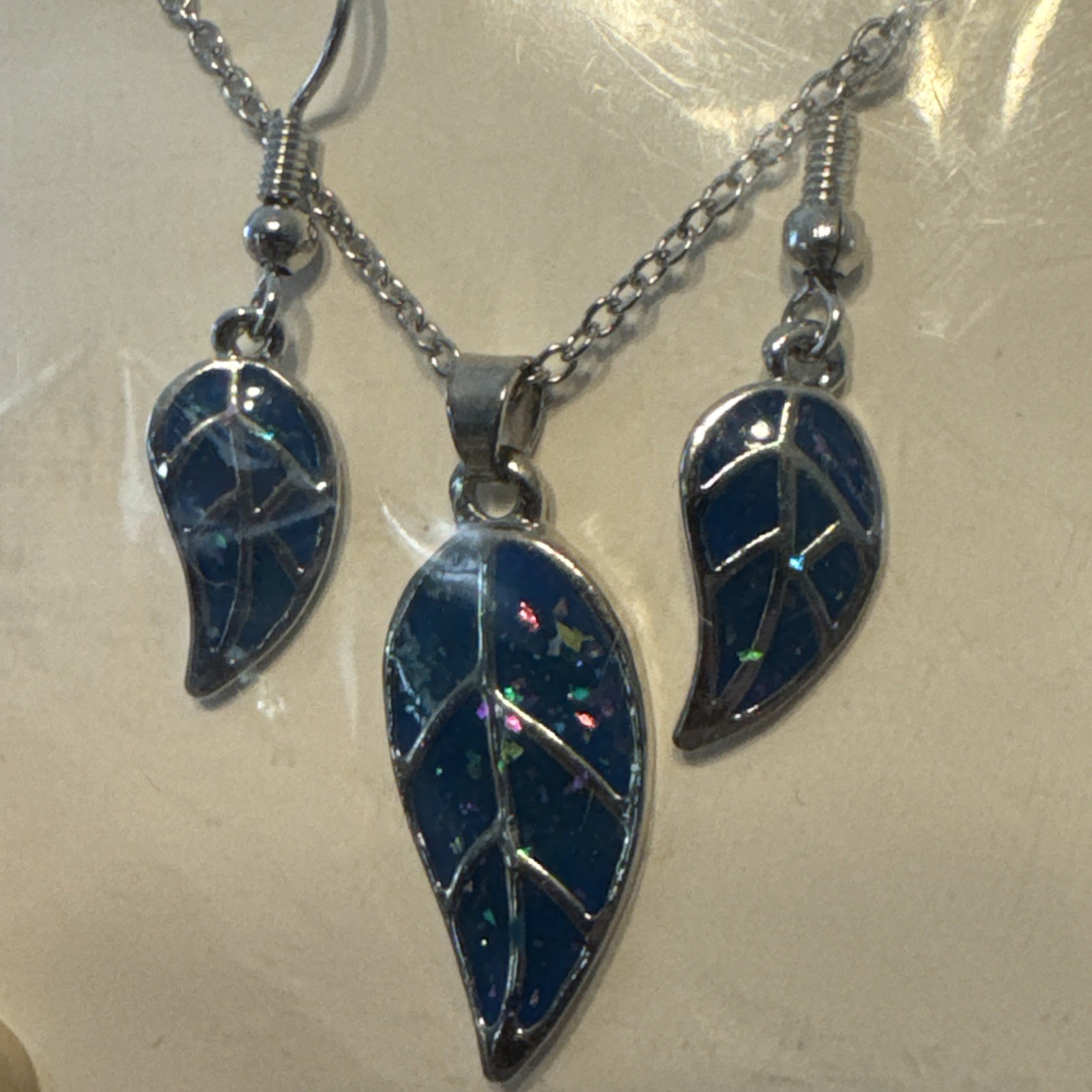 Necklace & Earrings Set Blue Synthetic Opal Leaf Shaped With Silver Chain