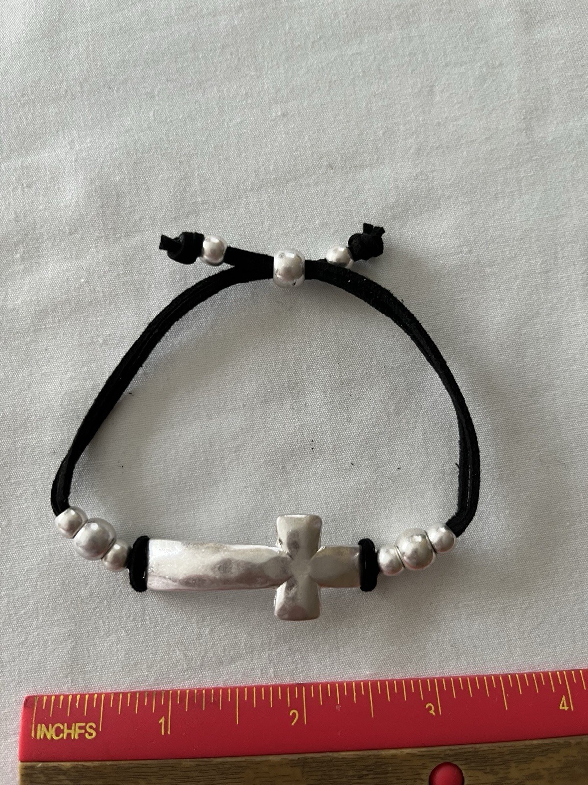 Adjustable BlackCord Beaded Bracelet w/ Cross Charm, Slide