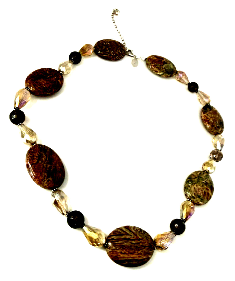DONNA DRESSLER 17″ Chunky Brown/Orange Agate & Crystal 925 Sterling Necklace