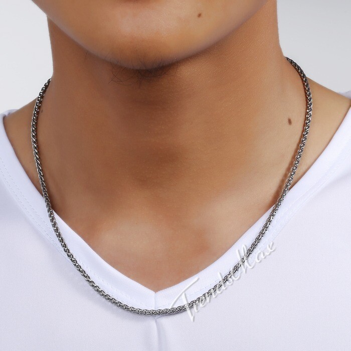 3mm-20in Braided Wheat Chain Silver 316L Stainless Steel Men Women Necklace