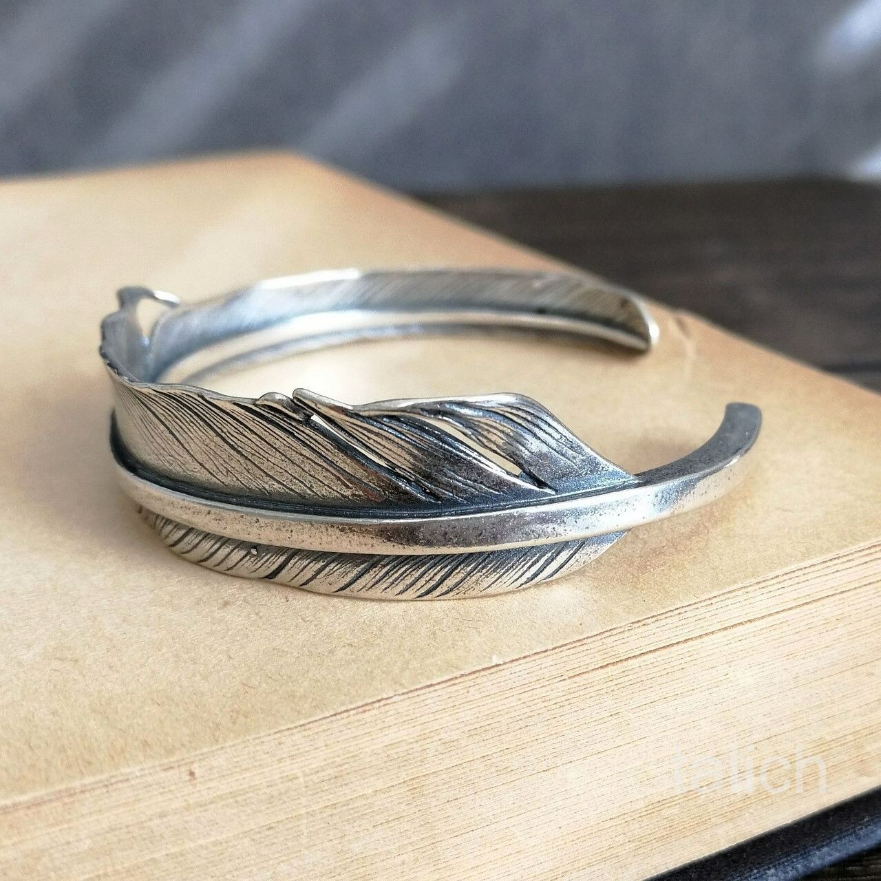 Solid 925 Sterling Silver Feather Cuff Bracelet Adjustable Unique Fine Details