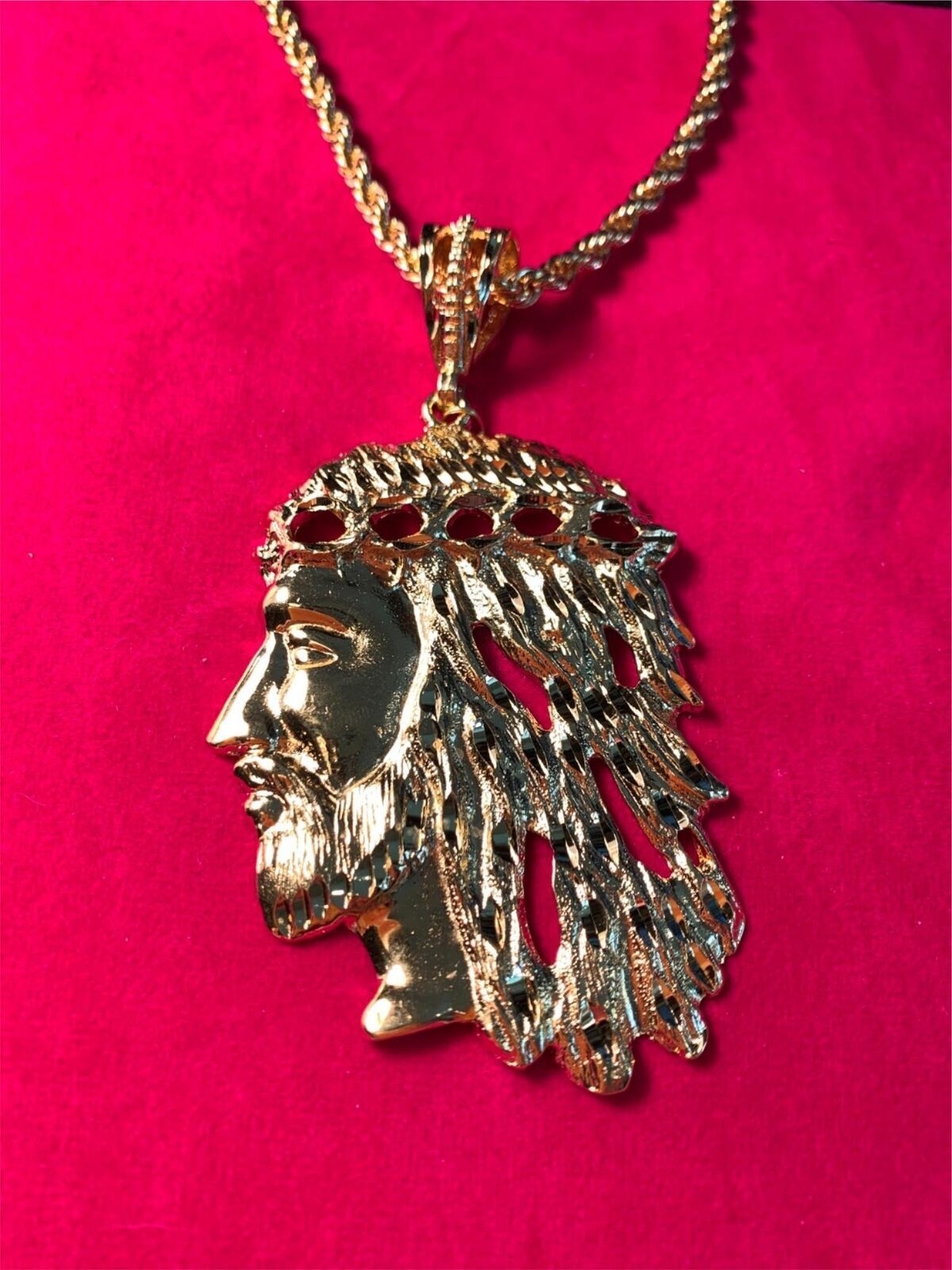 14 KT GOLD PLATED OVER 4 INCHES HIGH JESUS FACE CHARM & 16″-30″ 5MM ROPE-8502