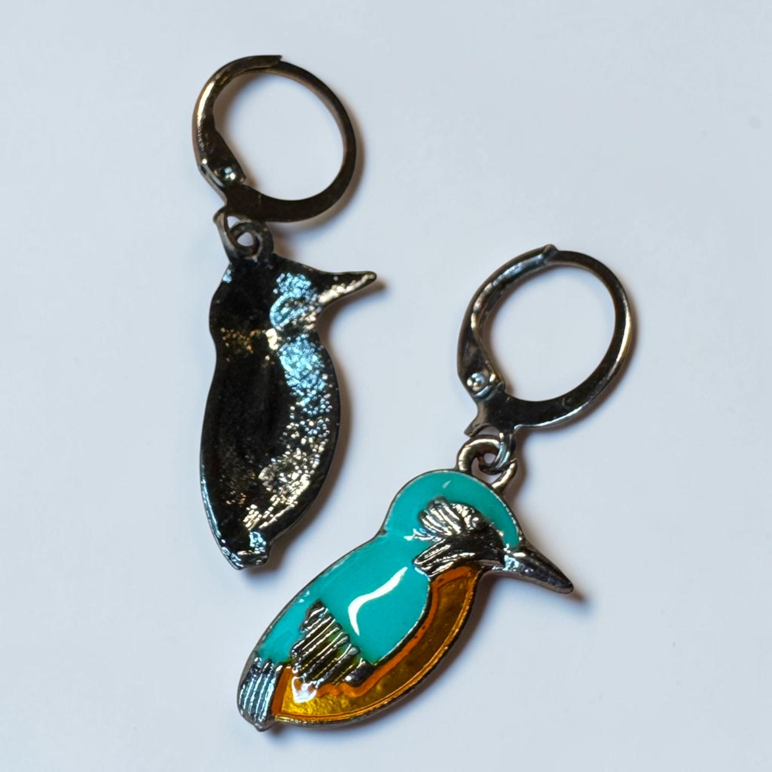 Kingfisher Bird Hoop Earrings Turquoise Enamel Silver Tone Cute Nature Wildlife