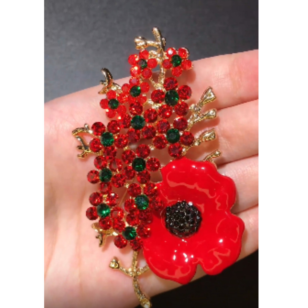 Beautiful Poppy Flowers Brooch Pin – Rhinestone Enamel Jewelry Gift USA