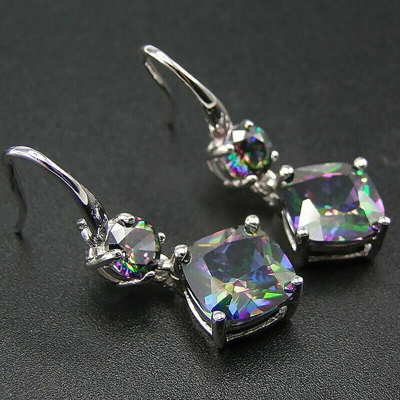 Elegant Handmade Rainbow Mystical Fire Topaz 925 Sterling Silver Hook Earrings
