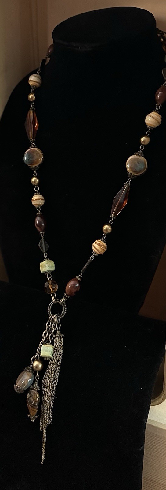 Bohemian Long Tassel Necklace Earth Tones Beaded Mixed Materials 26-29”