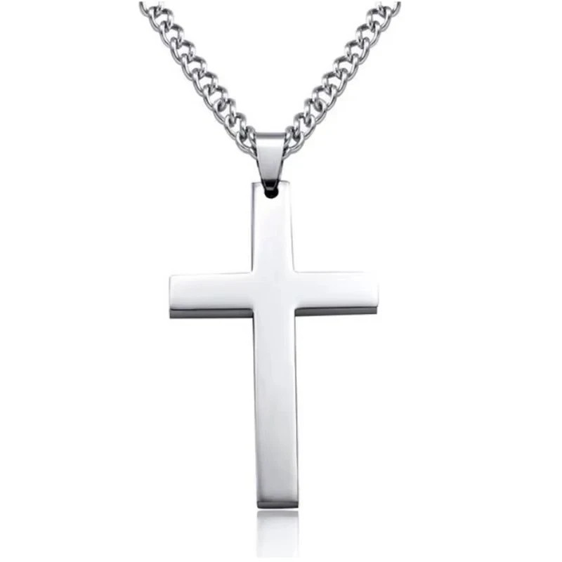 Men’s Cross Pendant Necklace Silver Chain Stainless Steel Figaro Necklace
