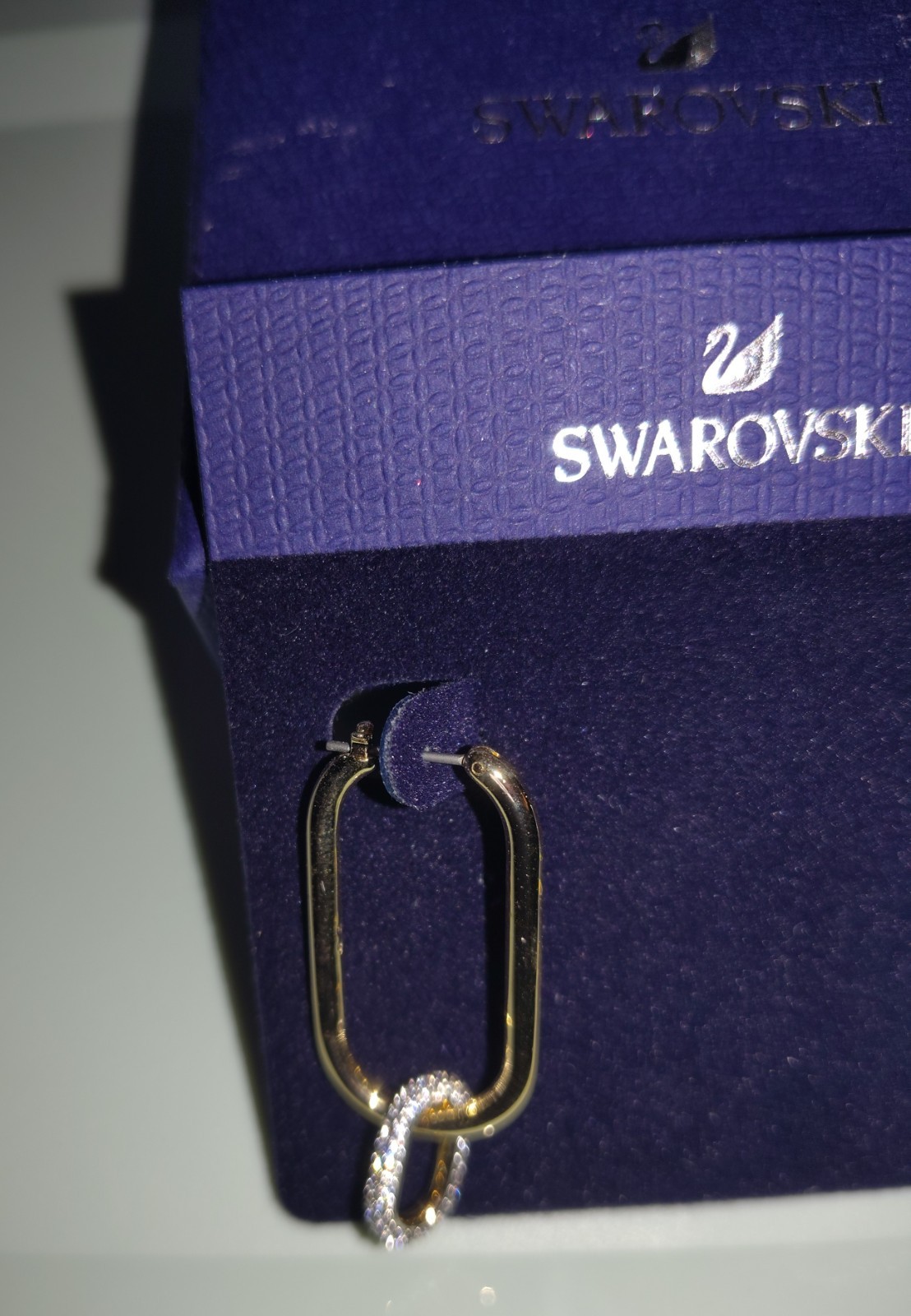 Swarovski Signed SWAN Pave Crystal Time Hoop Earrings Gold Tone Asymmetrical