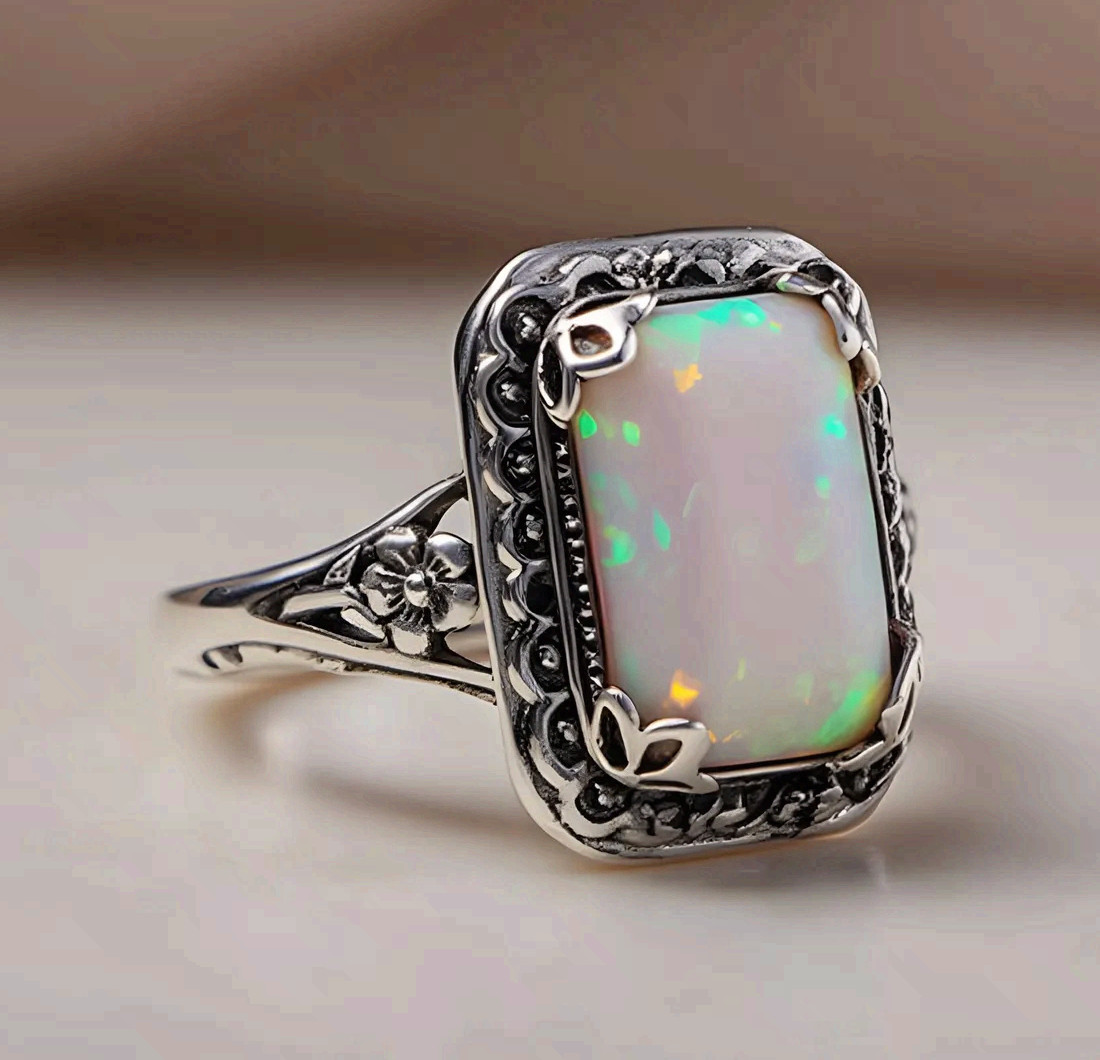 Opal Statement Ring Stainless Steel Rectangle White Green Fire Vintage Style