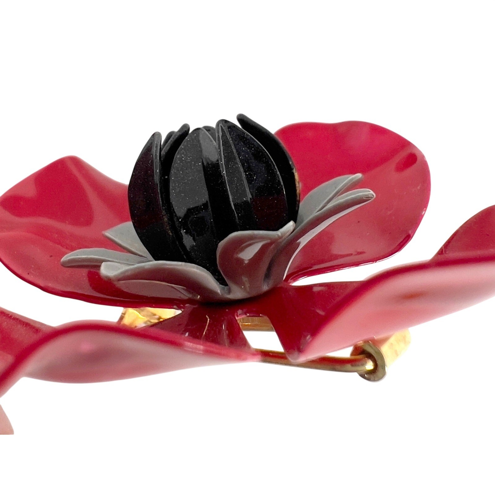 Vintage Red Poppy Flower Enamel Barette 3D Layered Floral Hair Ornament 2.25 in