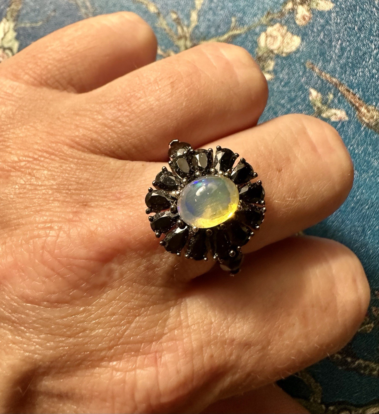 JTV Ethiopian Opal Black Spinel Ring Sterling Silver 925 Size 8 Rhodium Plated