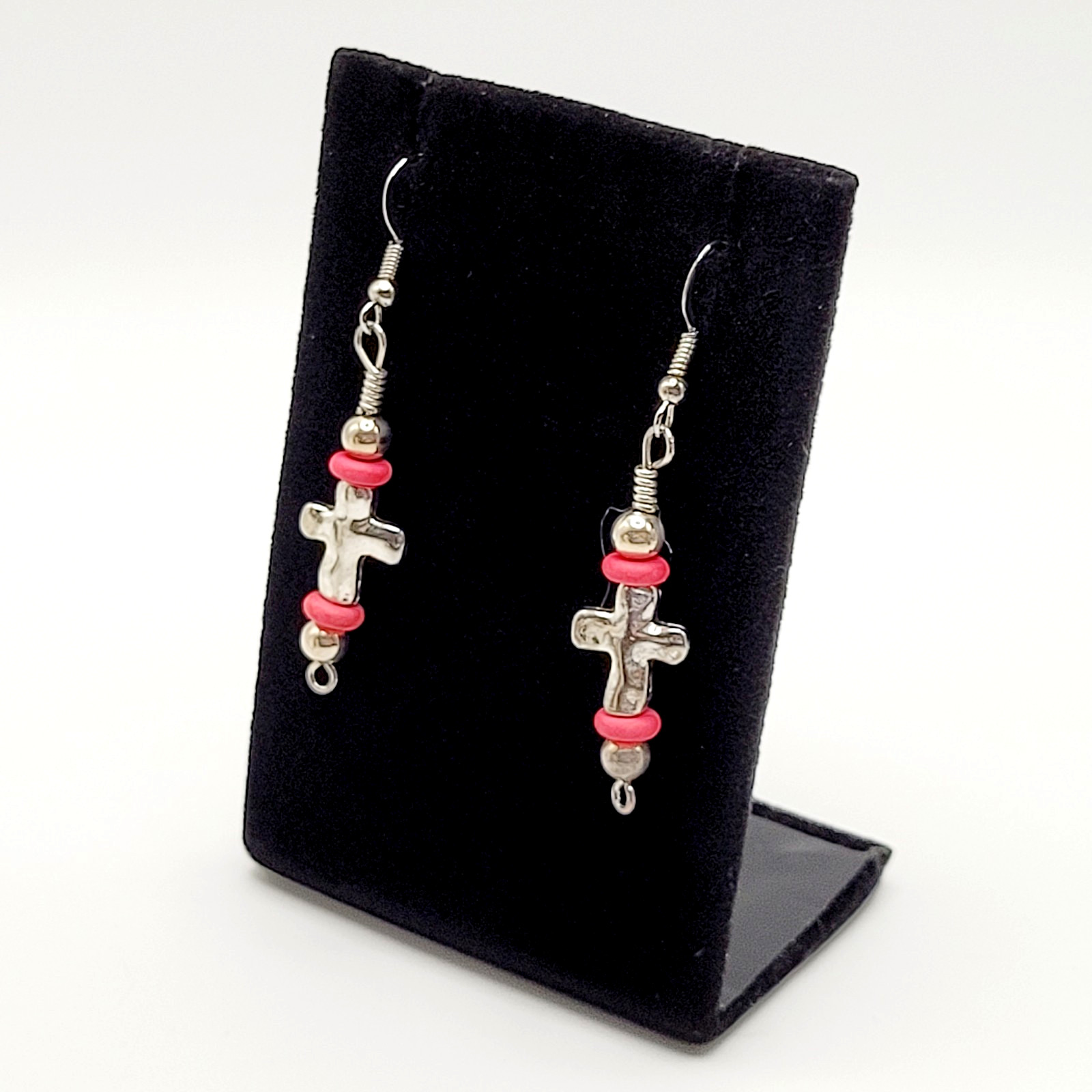 Southwestern Silver Tone Cross w Pink Ceramic Bead Metal Hook Pierced Earrings