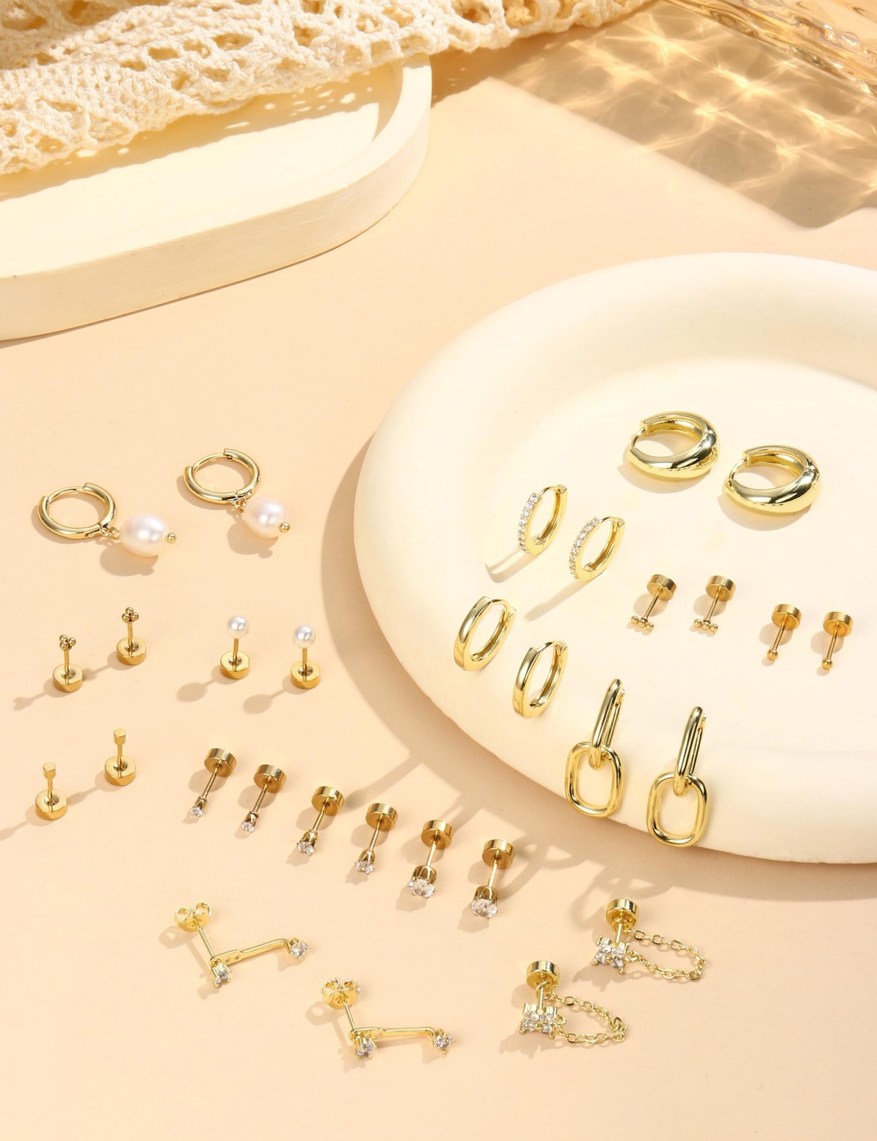 14k Gold Tone/ Silver Tone Flat Back Earrings Set Surgical Steel Ear Jewelry