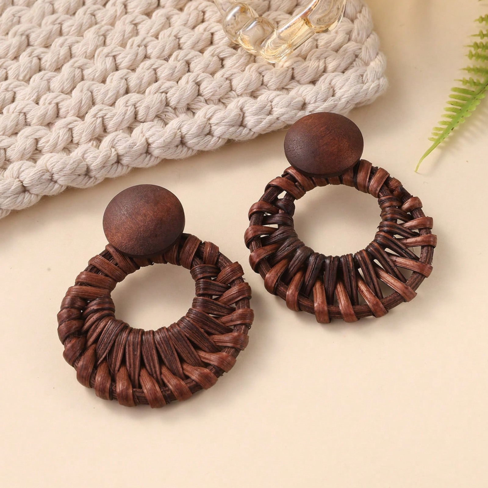 Handmade Earrings Woven Rattan Hollow Circle & Natural Wood Design Ear Studs