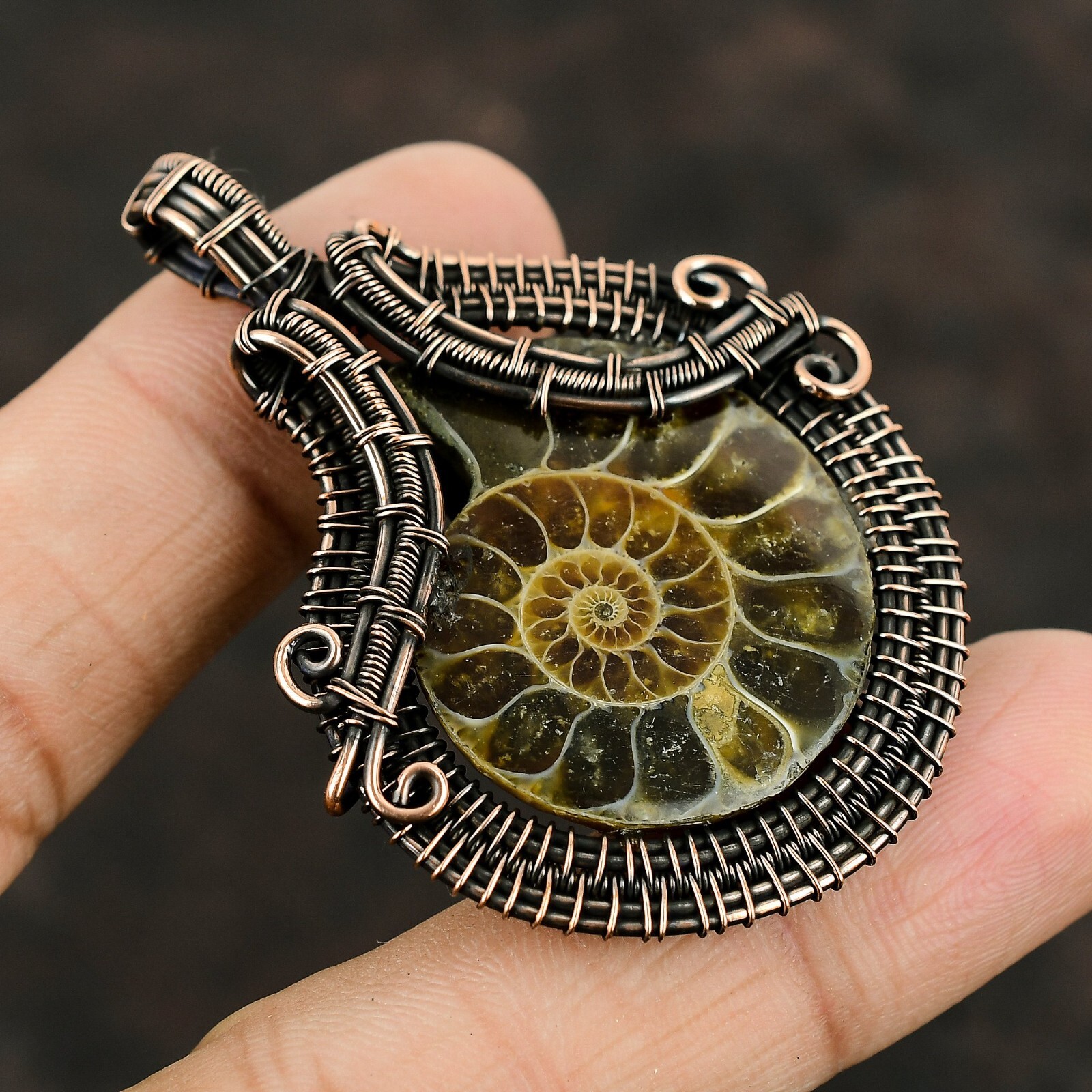 Ammonite Fossil Jewelry Copper Gift For Sister Wire Wrapped Pendant 2.44″