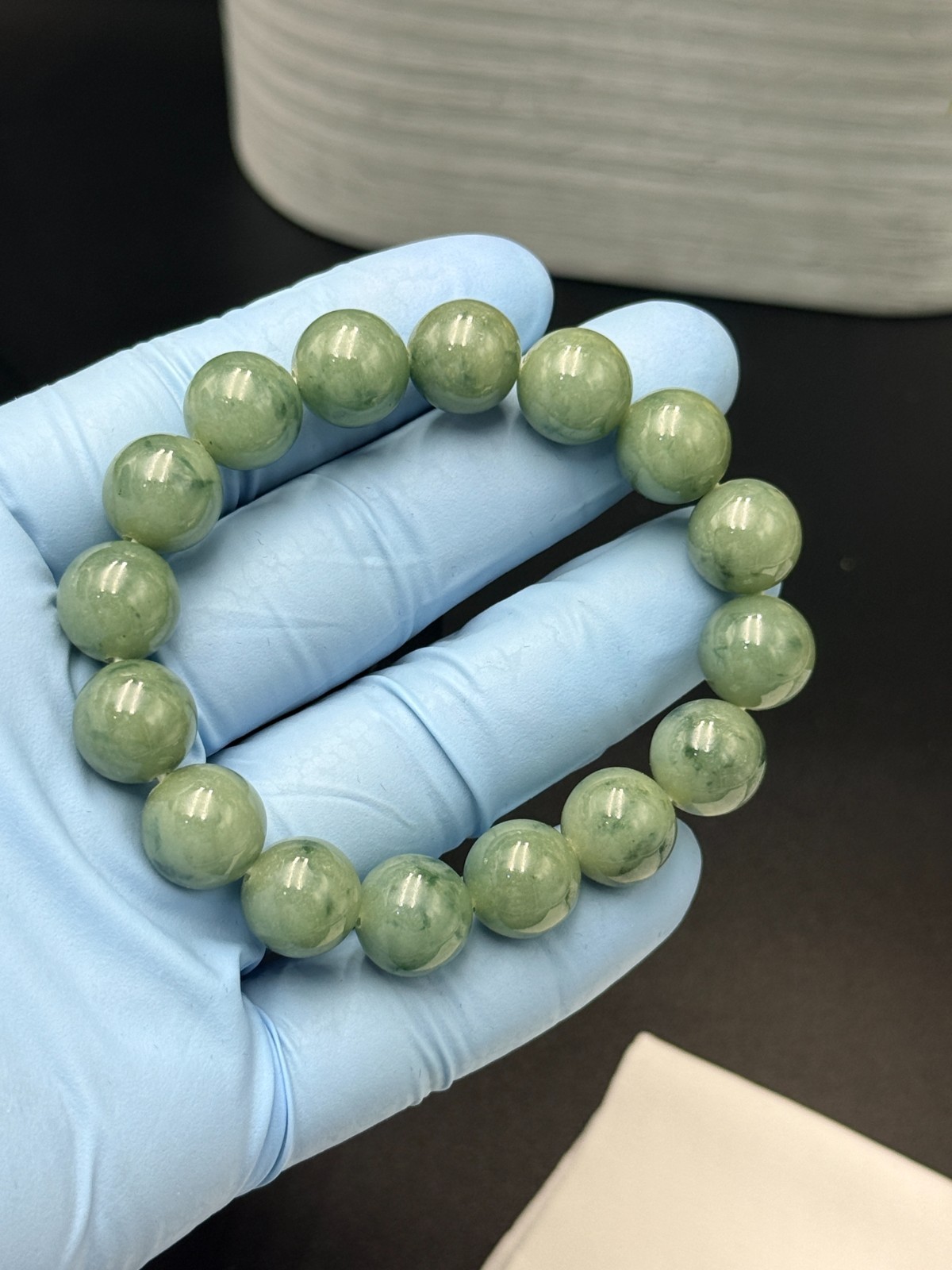 Certified Natural Jadeite Jade Beaded Bracelet Green Float FLWR 13.1 mm #100076