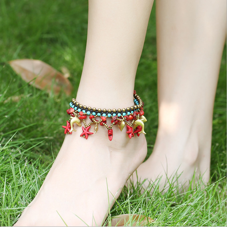 Bohemia Turquoise Copper Bead Bell Wax Rope Ocean Foot Anklet Bracelet 8-9.2″