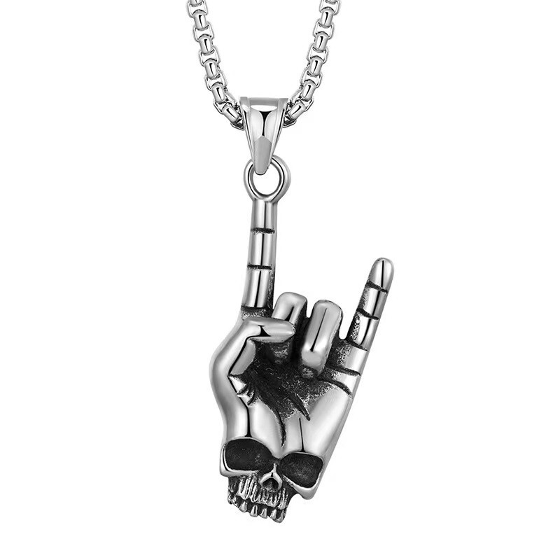 Men’s Gothic Skull Rock Hand Pendant Necklace Punk Retro Jewelry Box Chain 24″