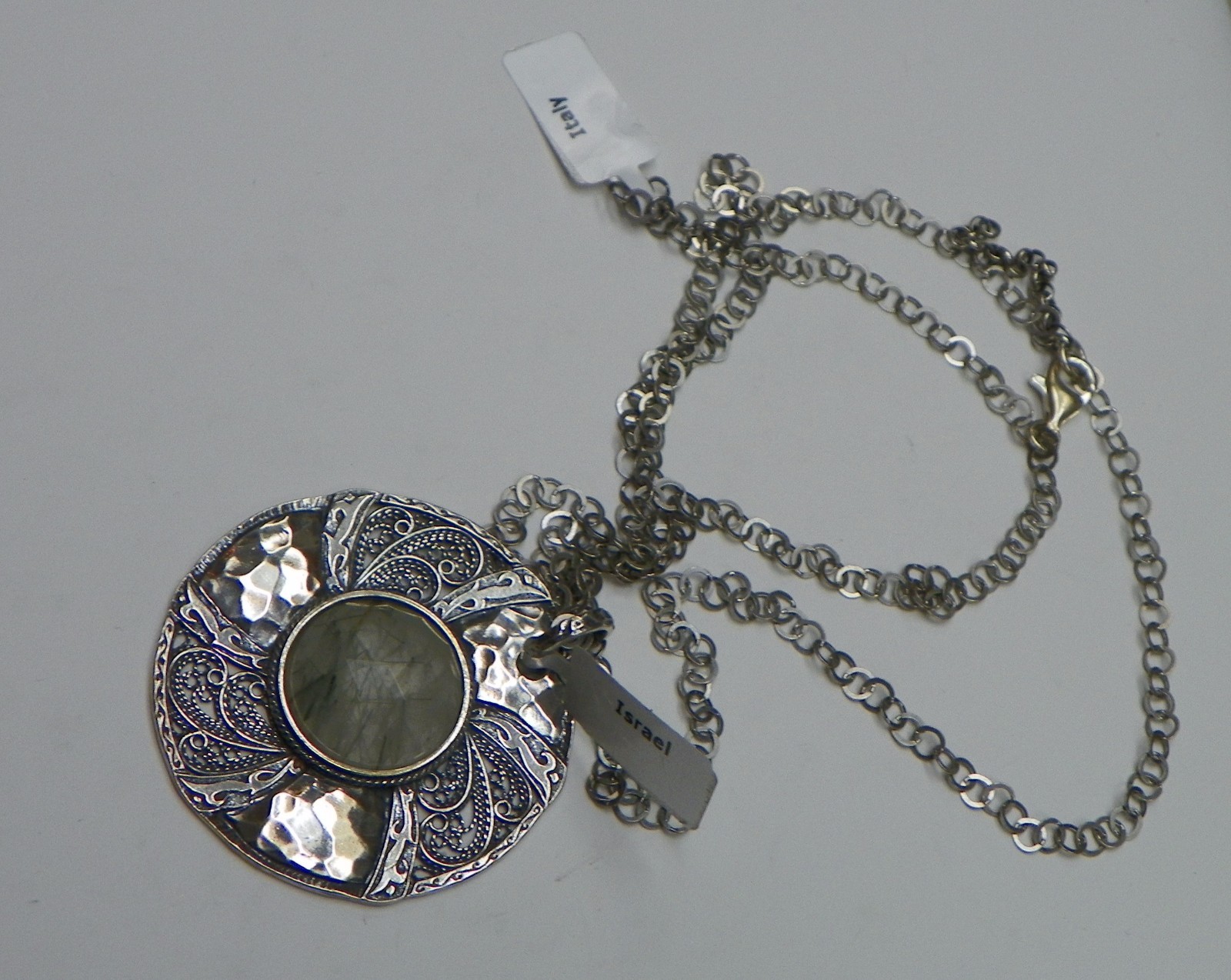 Sterling Silver – Green Rutilated Quartz Disc Chain 30g – Necklace (20″)