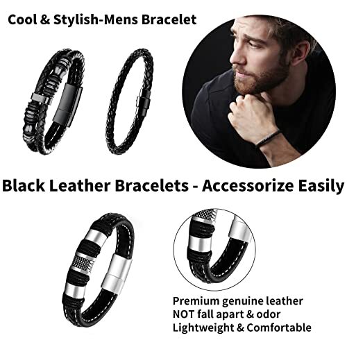 Black Leather Bracelets for Men Women 5pcs Mens Bracelet Leather and A- 8.7inch