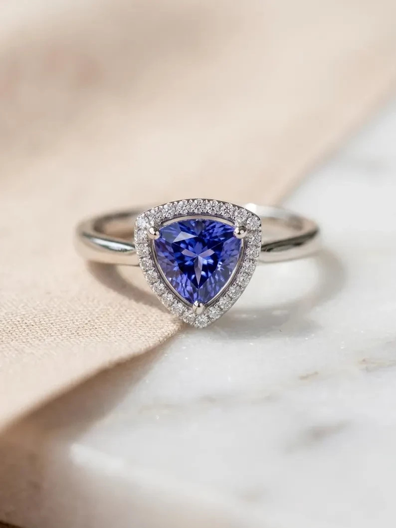 Tanzanite Trillion Cut Lab-Grown Ring 925 Sterling Silver Halo Statement Jewelry