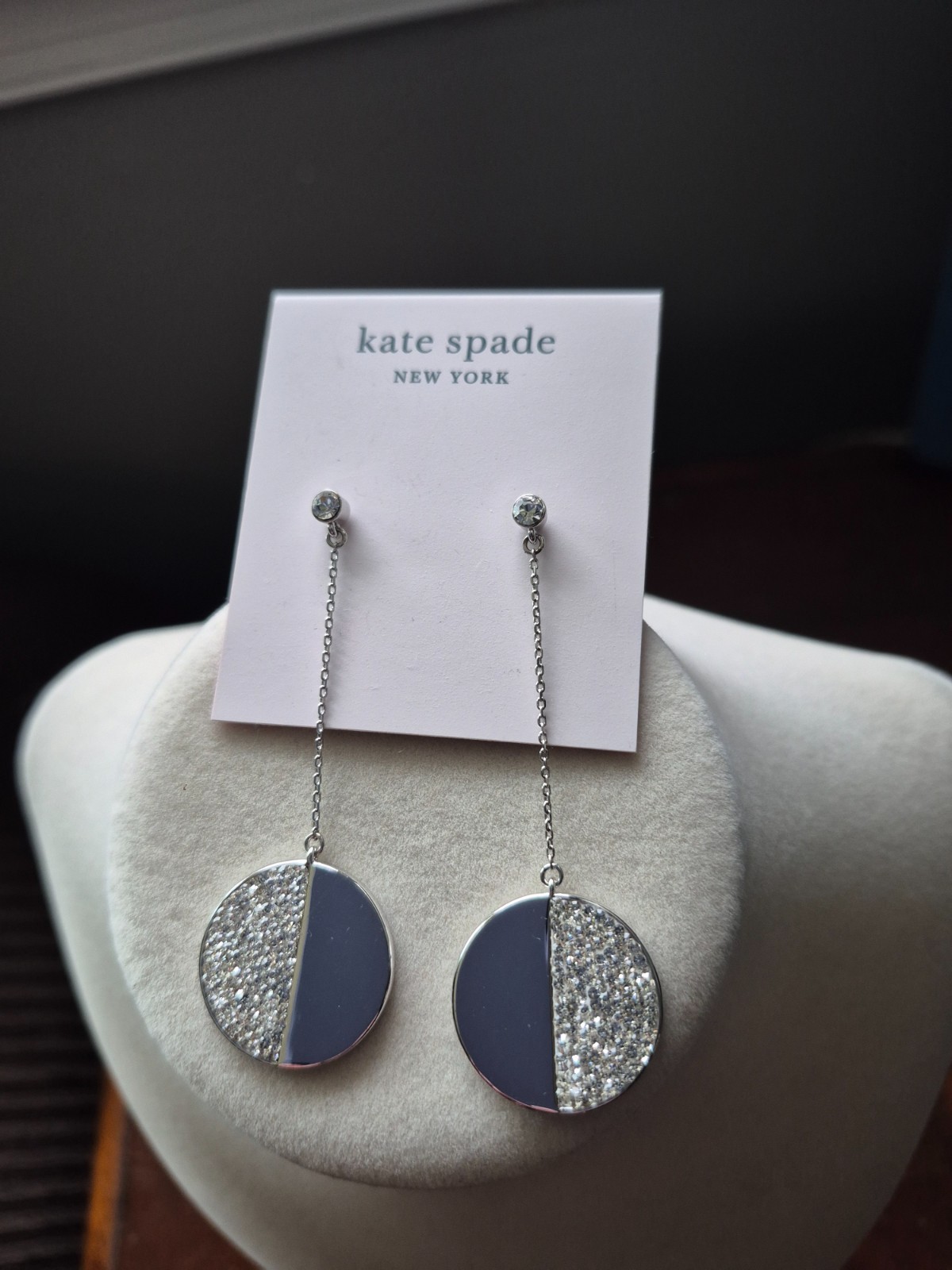 Kate Spade Scallop pave linear Mod round dangle earrings silvertone