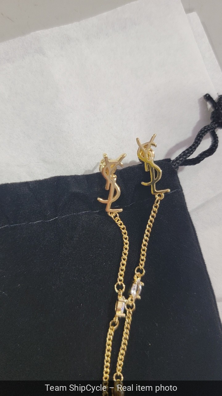 Auth YVES SAINT LAURENT YSL Crystal LOGO Long Chain Drop EARRINGS Gold T G2U