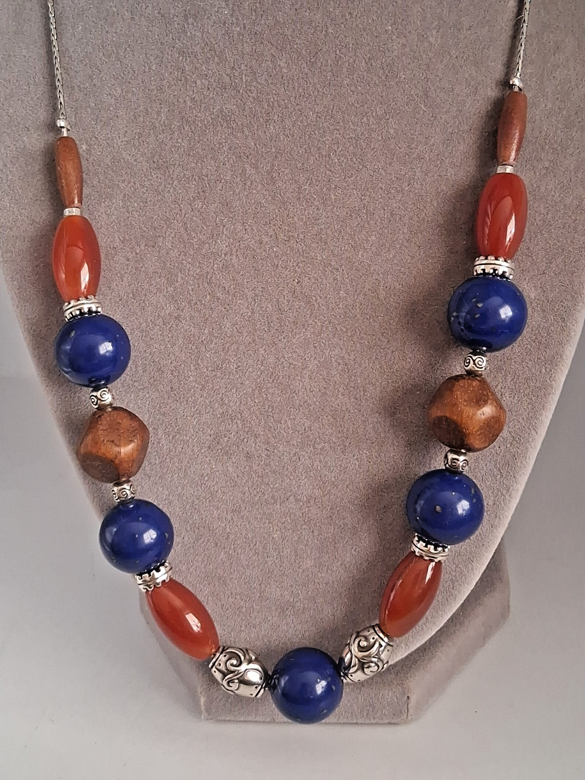 NWT Brighton SOL Carnelian, Blue Lapis Wood Beaded Silver Plated Necklace 18-30″