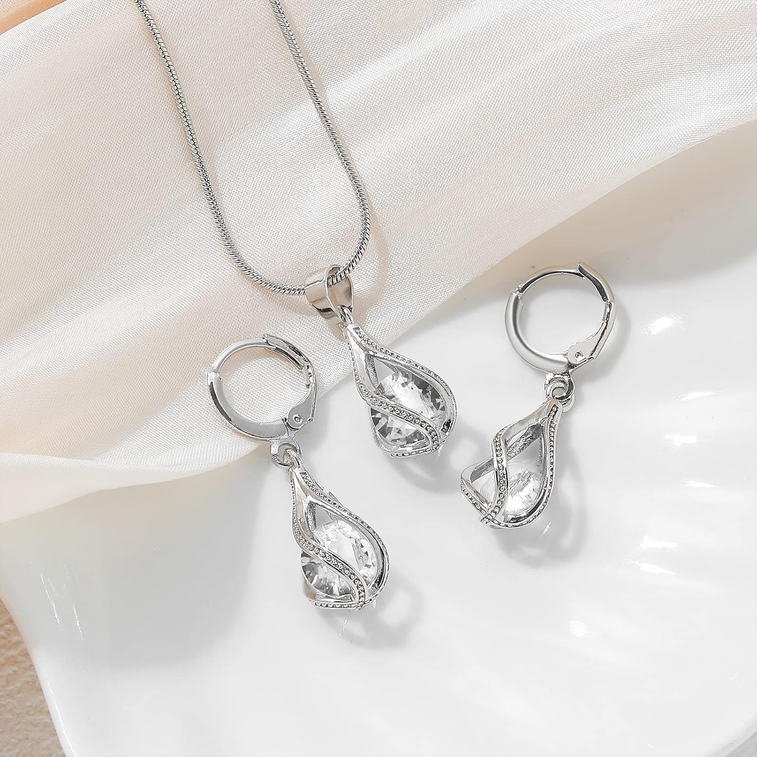 Elegant Silver Jewelry Set with CZ Pendant Necklace & Earrings for All Occasions
